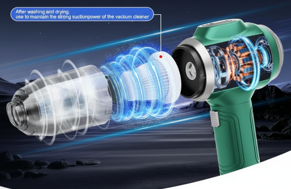 Vacuum cleaner motor with filter system and text highlighting features on a dark background